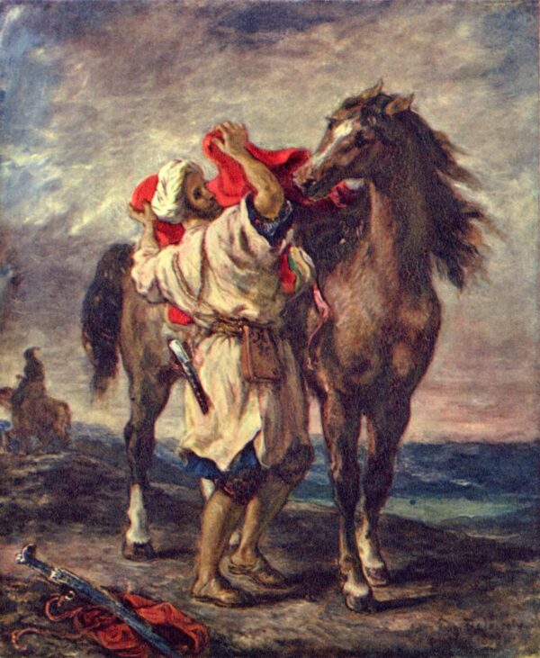 Um árabe sela seu cavalo – Eugène Delacroix Eugène Delacroix Master Apollon