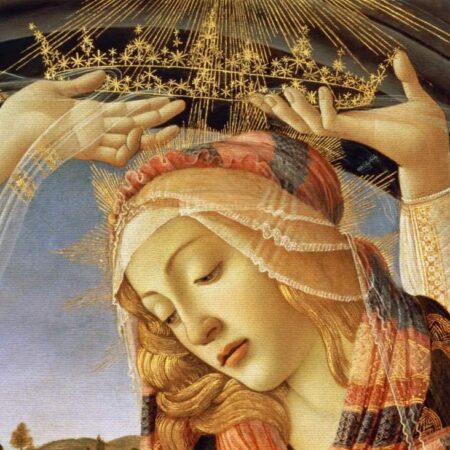 A Madona do Magnificat, detalhe do rosto e da coroa da Virgem, 1482 (tempera sobre painel) – Sandro Botticelli Sandro Botticelli Master Apollon