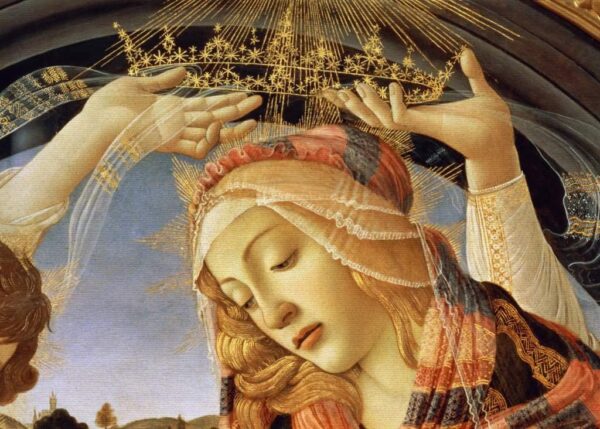 A Madona do Magnificat, detalhe do rosto e da coroa da Virgem, 1482 (tempera sobre painel) – Sandro Botticelli Sandro Botticelli Master Apollon