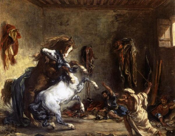 Cavalo árabe lutador em um estábulo – Eugène Delacroix Eugène Delacroix Master Apollon