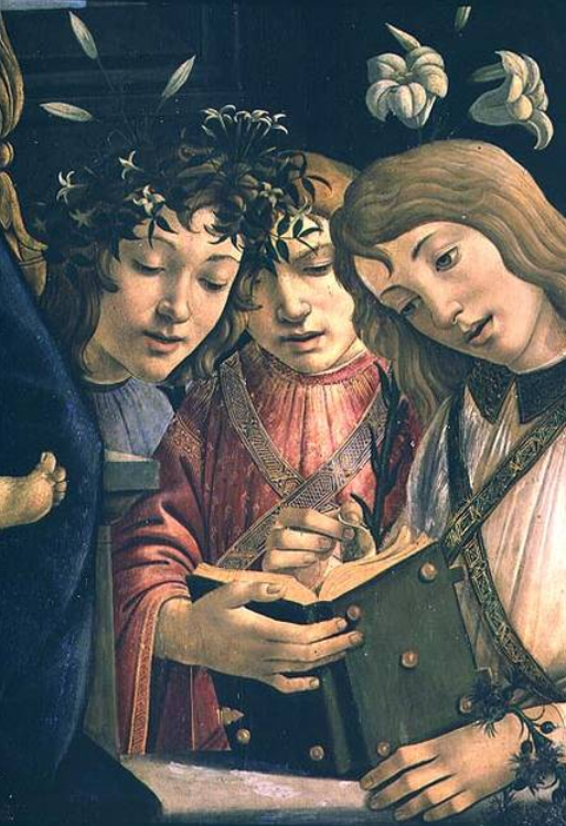 Madona e criança com o jovem São João Batista e anjos: detalhe mostrando três anjos – Sandro Botticelli Sandro Botticelli Master Apollon