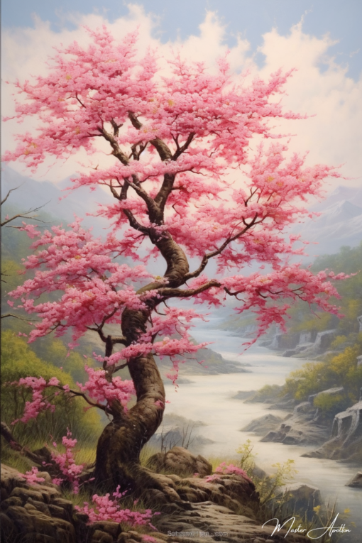 Quadro de cerejeira japonesa e rio Árvores de pinturas contemporâneas Master Apollon