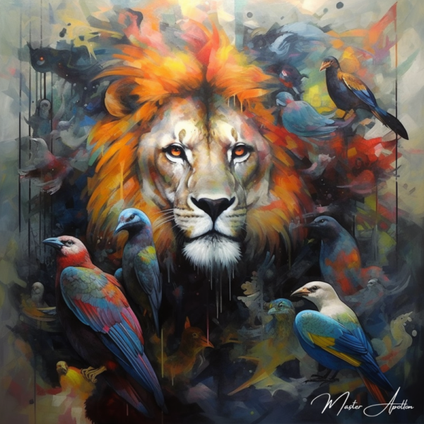 Quadro contemporâneo animais leão e pássaro Pinturas Contemporâneas de Animais Master Apollon