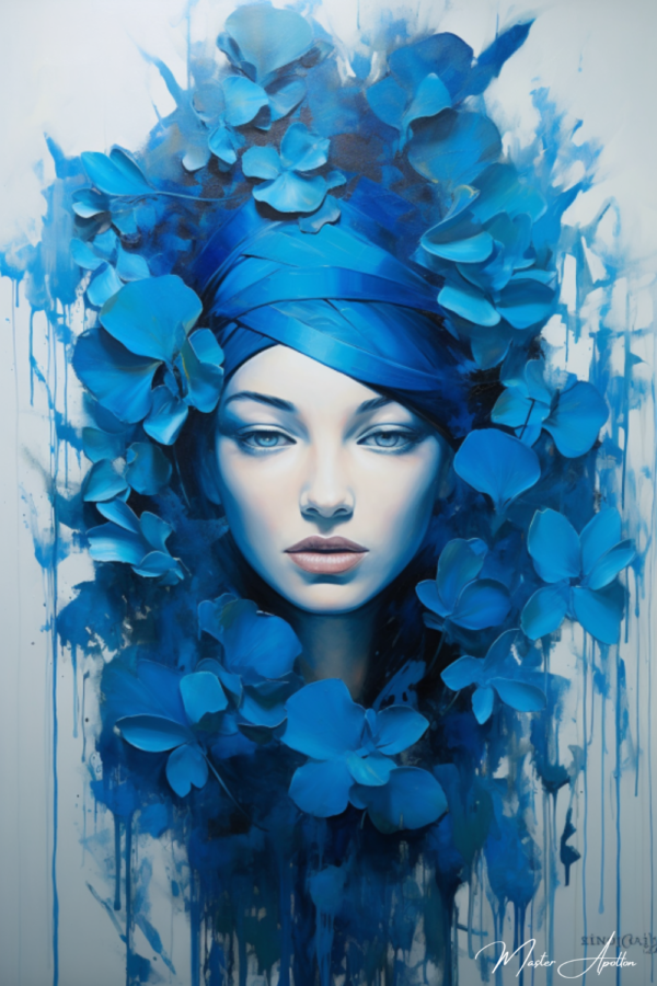 Quadro moderno azul com rosto e flor Pinturas Azuis Contemporâneas Master Apollon