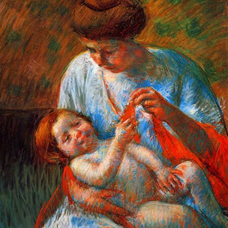 Bebê deitado nos joelhos da mãe, estendendo a mão para segurar um lenço – Mary Cassatt Mary Cassatt Master Apollon