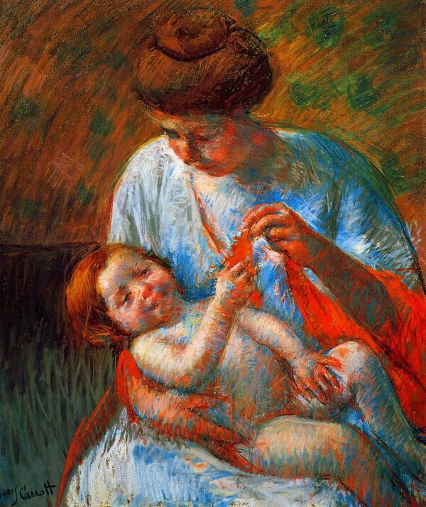 Bebê deitado nos joelhos da mãe, estendendo a mão para segurar um lenço – Mary Cassatt Mary Cassatt Master Apollon