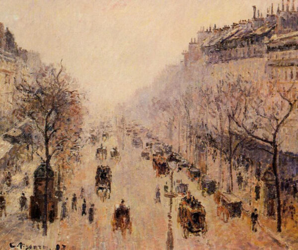 Boulevard Montmartre, manhã, luz do sol e névoa – Camille Pissarro Camille Pissarro Master Apollon