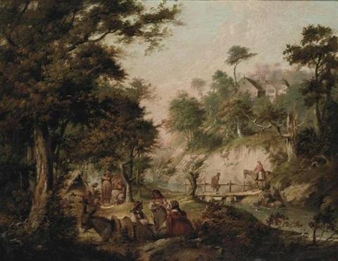 Uma paisagem arborizada com ciganos do lado de fora de uma tenda, personagens em uma ponte de madeira e uma casa além – Nicolas Bernard Lépicié Nicolas Bernard Lépicié Master Apollon