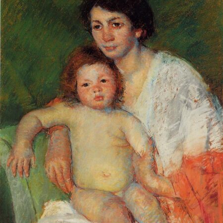 Bebê nu nos joelhos da mãe, o braço apoiado no encosto da cadeira – Mary Cassatt Mary Cassatt Master Apollon