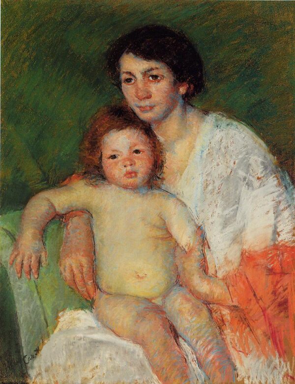 Bebê nu nos joelhos da mãe, o braço apoiado no encosto da cadeira – Mary Cassatt Mary Cassatt Master Apollon