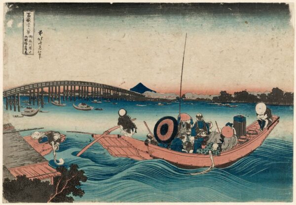 Hokusai contemplando o pôr do sol na ponte Ryōgoku desde o cais Onmayagashi (O olhar do Onmayagashi para a ponte Ryōgoku), da série trinta e seis vistas do Monte Fuji (Fugaku Sanjūrokkei) – Katsushika Hokusai Katsushika Hokusai Master Apollon