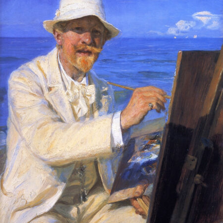 Autorretrato, sentado perto de seu cavalete na praia de Skagen – Peder Severin Krøyer Peder Severin Krøyer Master Apollon