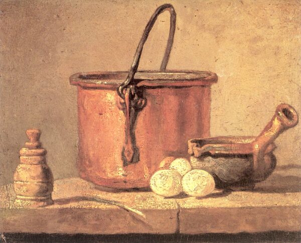 Natureza morta de utensílios de cozinha, caldeirão, panela e ovos – Jean Siméon Chardin Jean Siméon Chardin Master Apollon