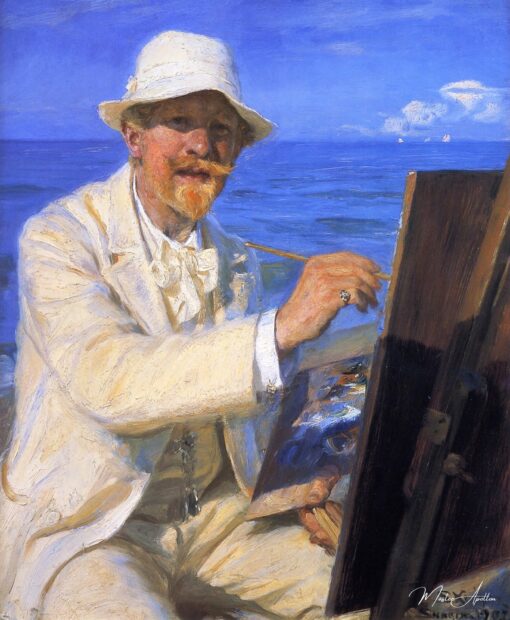 Autorretrato, sentado perto de seu cavalete na praia de Skagen – Peder Severin Krøyer Peder Severin Krøyer Master Apollon