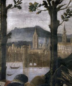 A Purificação do Leproso e a Tentação de Cristo, na Capela Sistina: detalhe de uma cidade portuária imaginária em uma paisagem, afresco de 1481 de Sandro Botticelli Sandro Botticelli Master Apollon