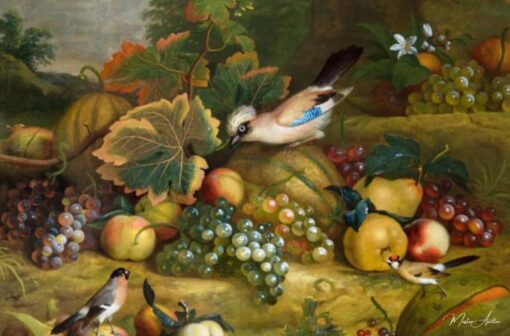 Natureza morta com frutas, gaio e tentilhões em uma paisagem – Tobias Stranover Tobias Stranover Master Apollon