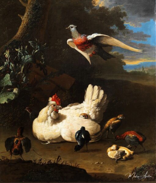Uma galinha e seus pintinhos com uma pomba em voo perto de uma árvore – Melchior d’Hondecoeter Melchior d'Hondecoeter Master Apollon